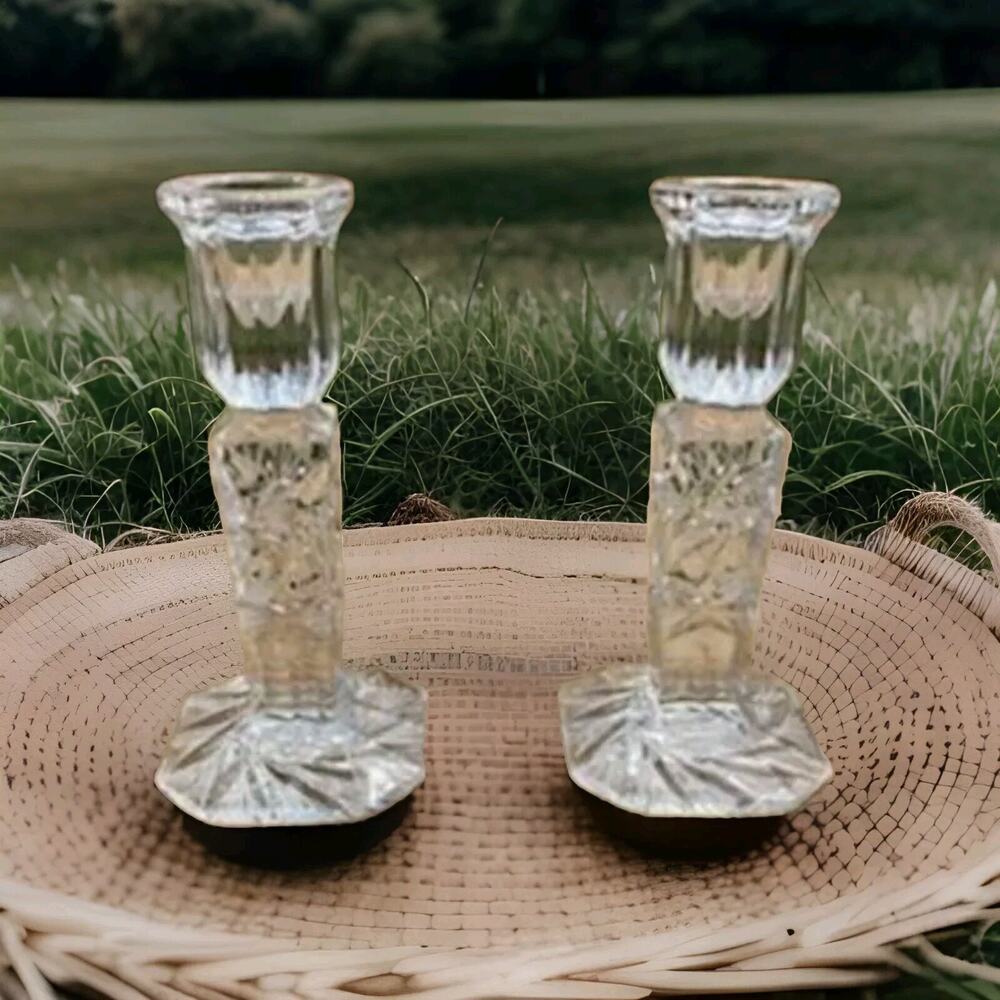 Crystal Candle Stick Holders Violetta VCZ1 Handcut 6"Tall Set of 2 Vtg Elegant